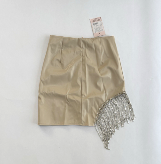 Misguided Rhinestone Fringe Cutout Mini Skirt Vegan Leather Beige -  2