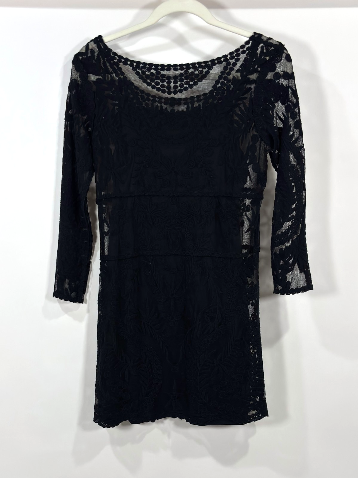 Express Embroidered Lace Shift Dress 3/4 Sleeve With Slip Black - S