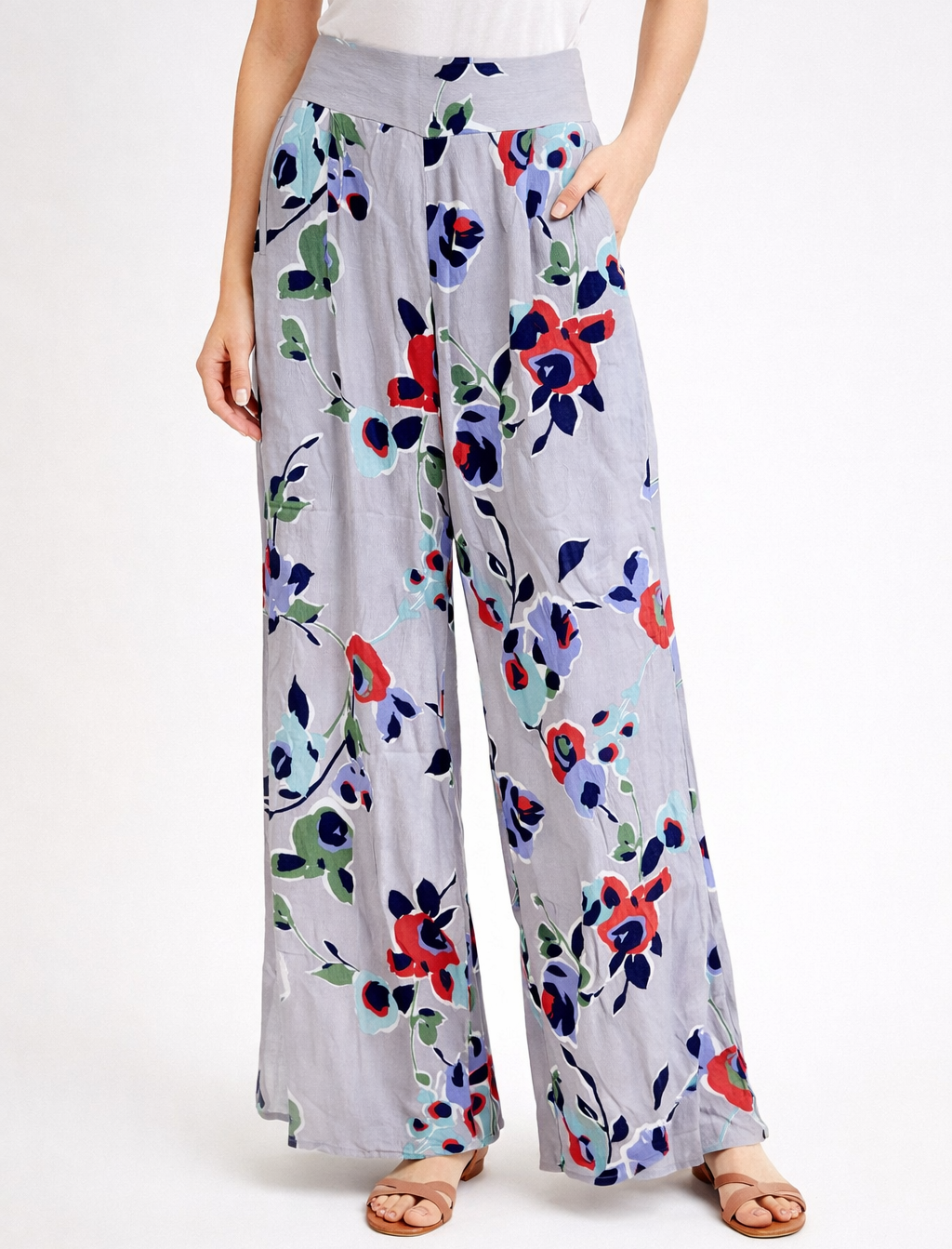 Elevenses Anthropologie Ambrosia Wide Leg Floral Pants Purple Grey Motif - Size 2
