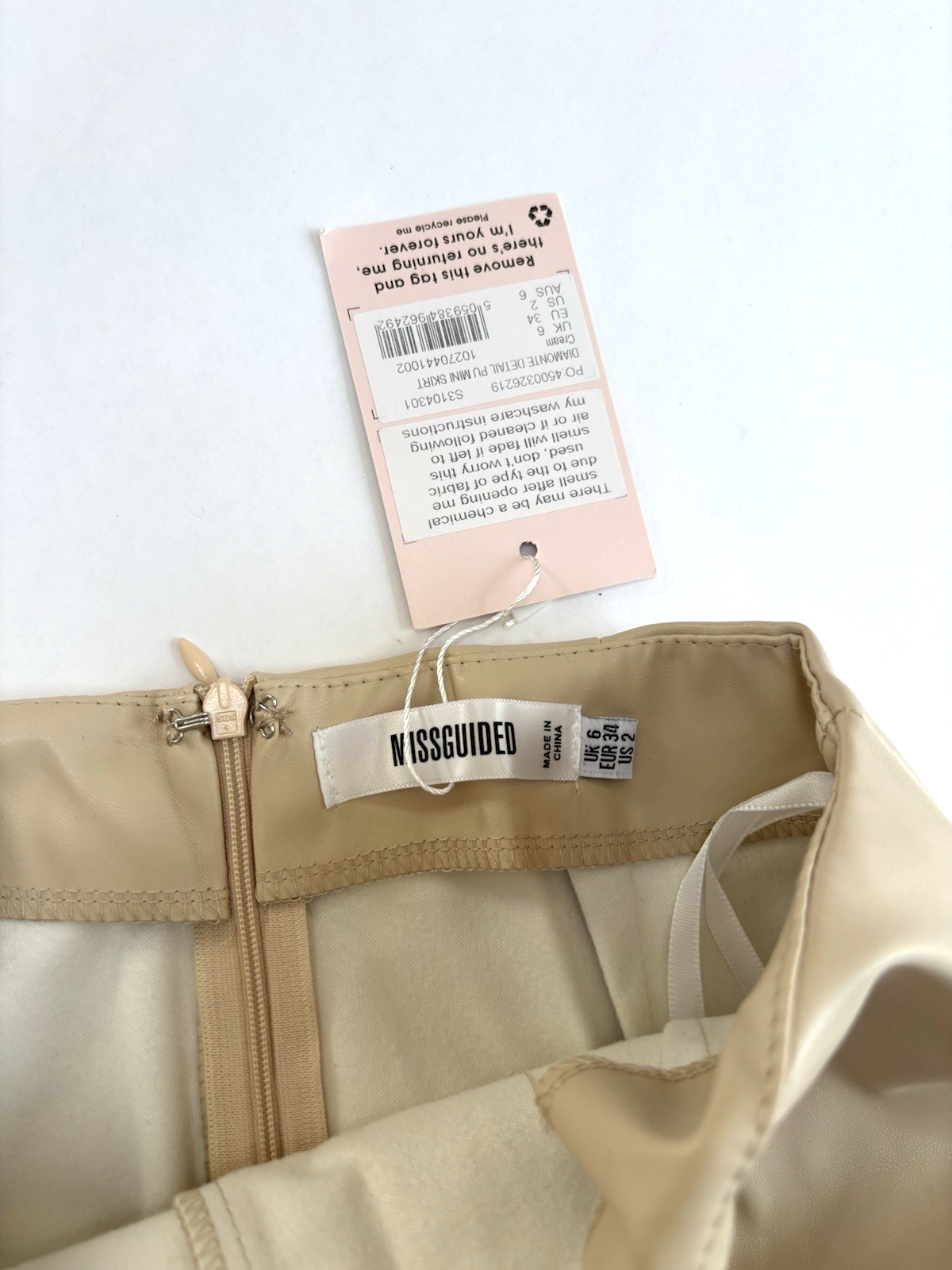 Misguided Rhinestone Fringe Cutout Mini Skirt Vegan Leather Beige -  2