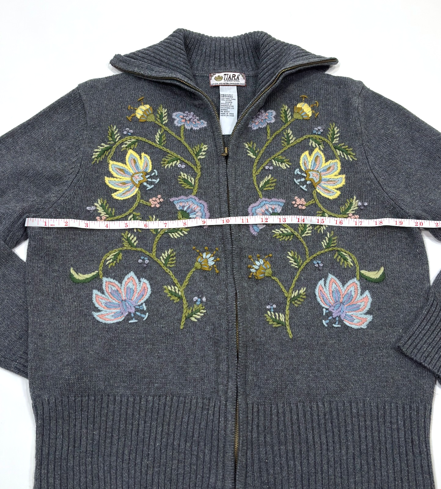 Tiara International Full Zip Knit Sweater Floral Embroidered Vintage - M