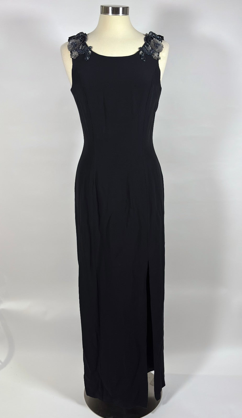 Loralie Black Floral Beaded Cowl Back Floor Length Gown - 10