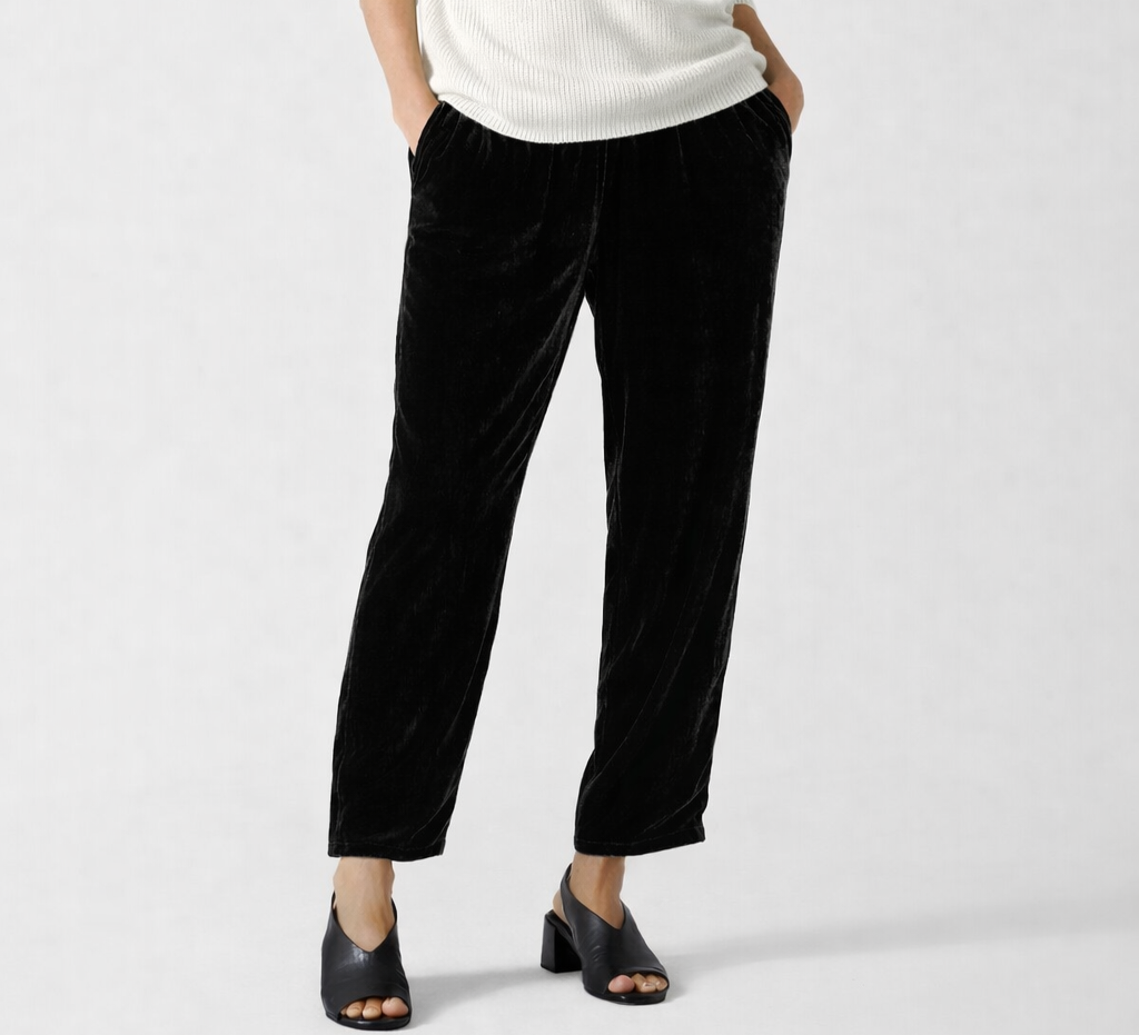 Eileen Fisher System Black Velvet Tapered Ankle Pants Elastic Waist - XL