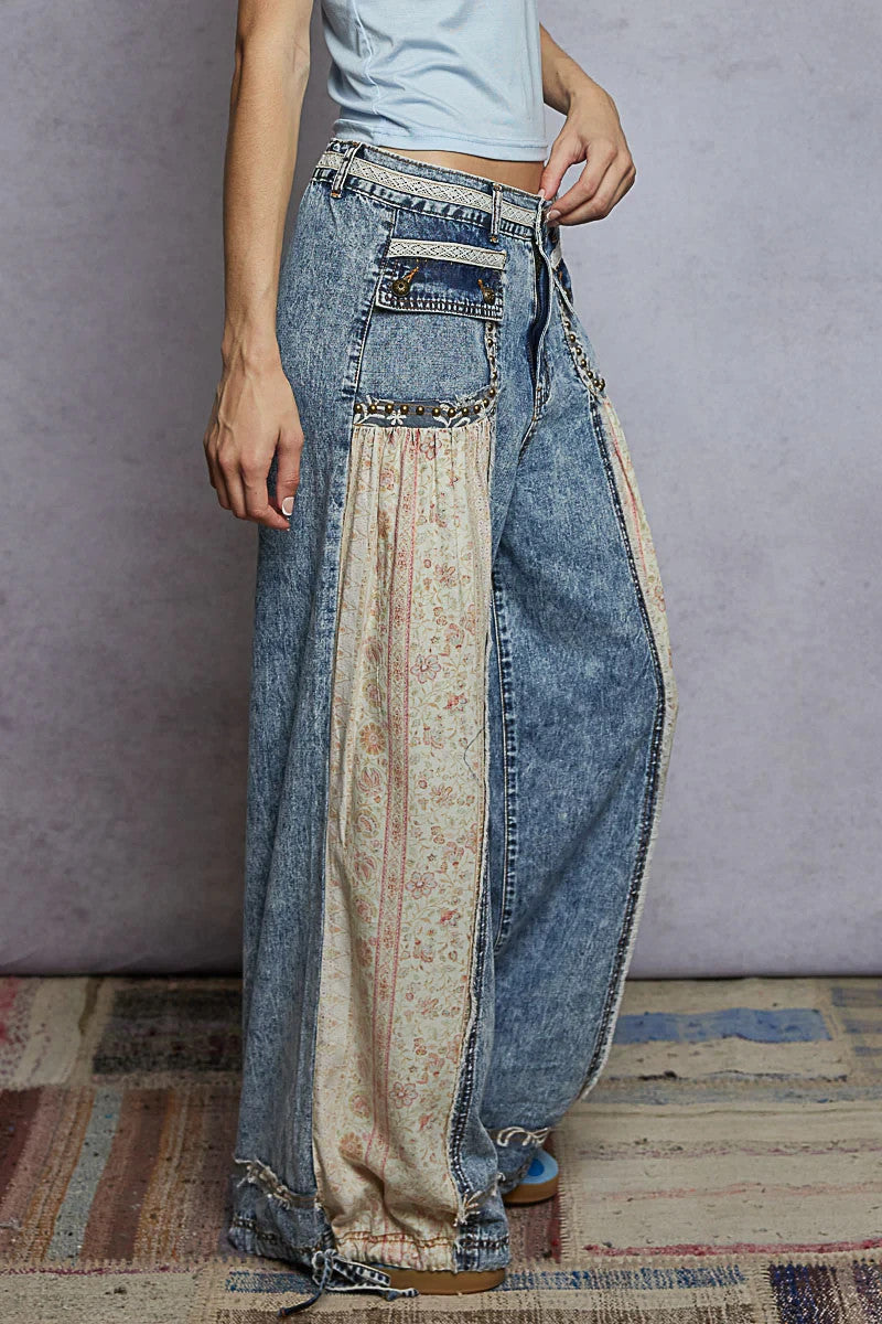 POL Denim and Floral Panel Studded and Lace Detailed Pants - M