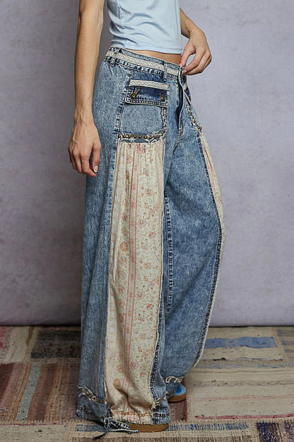 POL Denim and Floral Panel Studded and Lace Detailed Pants - M