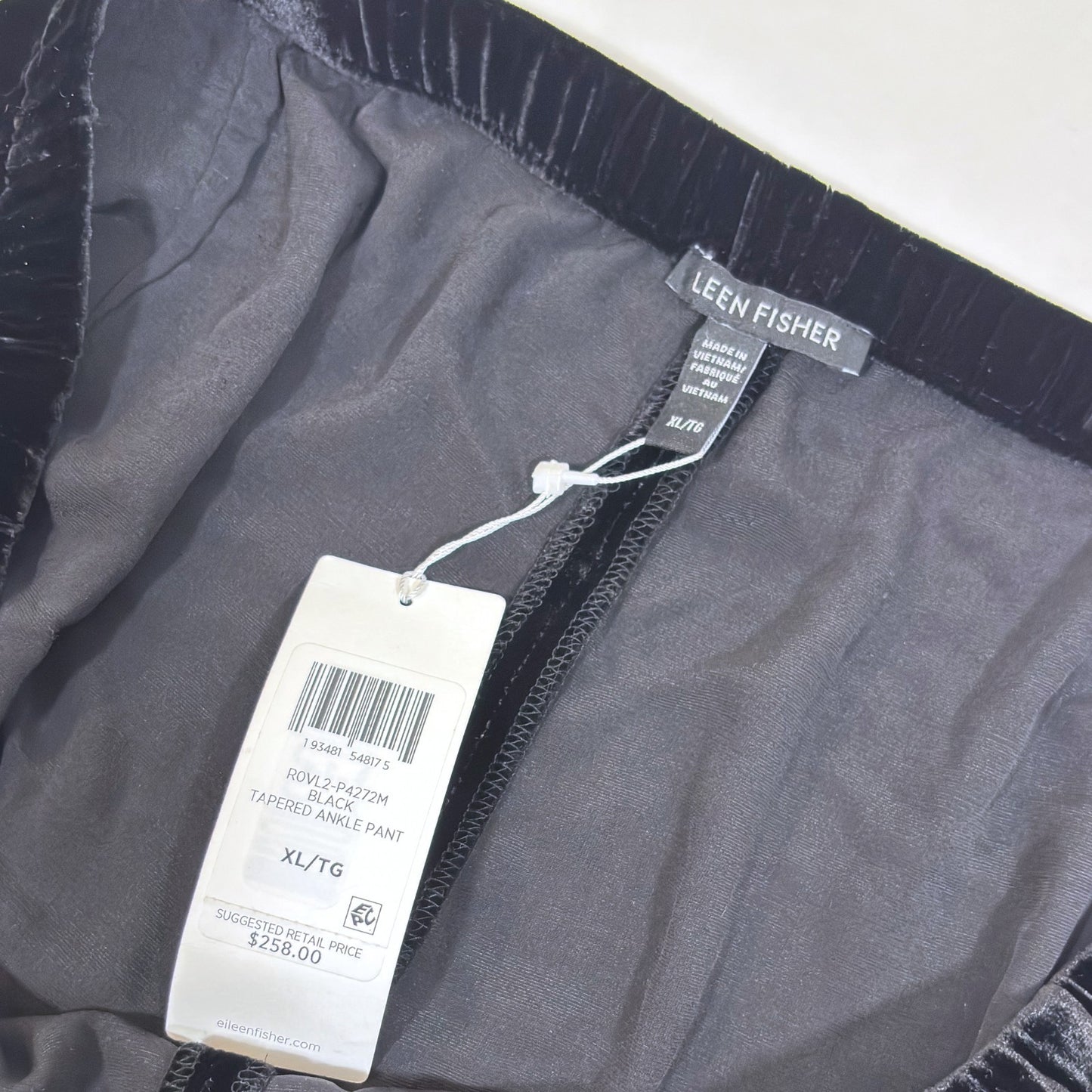 Eileen Fisher System Black Velvet Tapered Ankle Pants Elastic Waist - XL