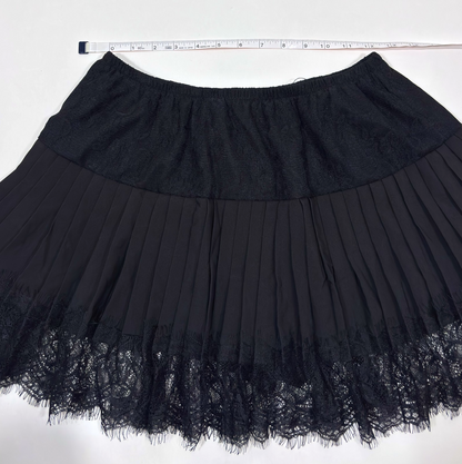 Black Lace Pleated Mini Skirt Elastic Waistband - M