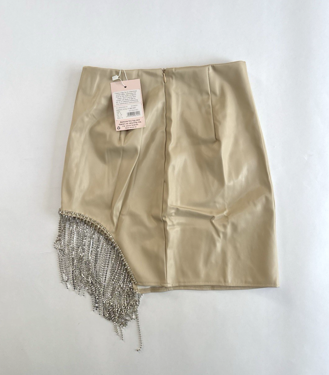Misguided Rhinestone Fringe Cutout Mini Skirt Vegan Leather Beige -  2