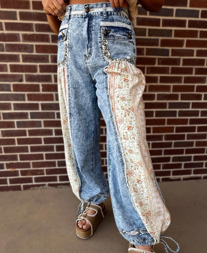 POL Denim and Floral Panel Studded and Lace Detailed Pants - M