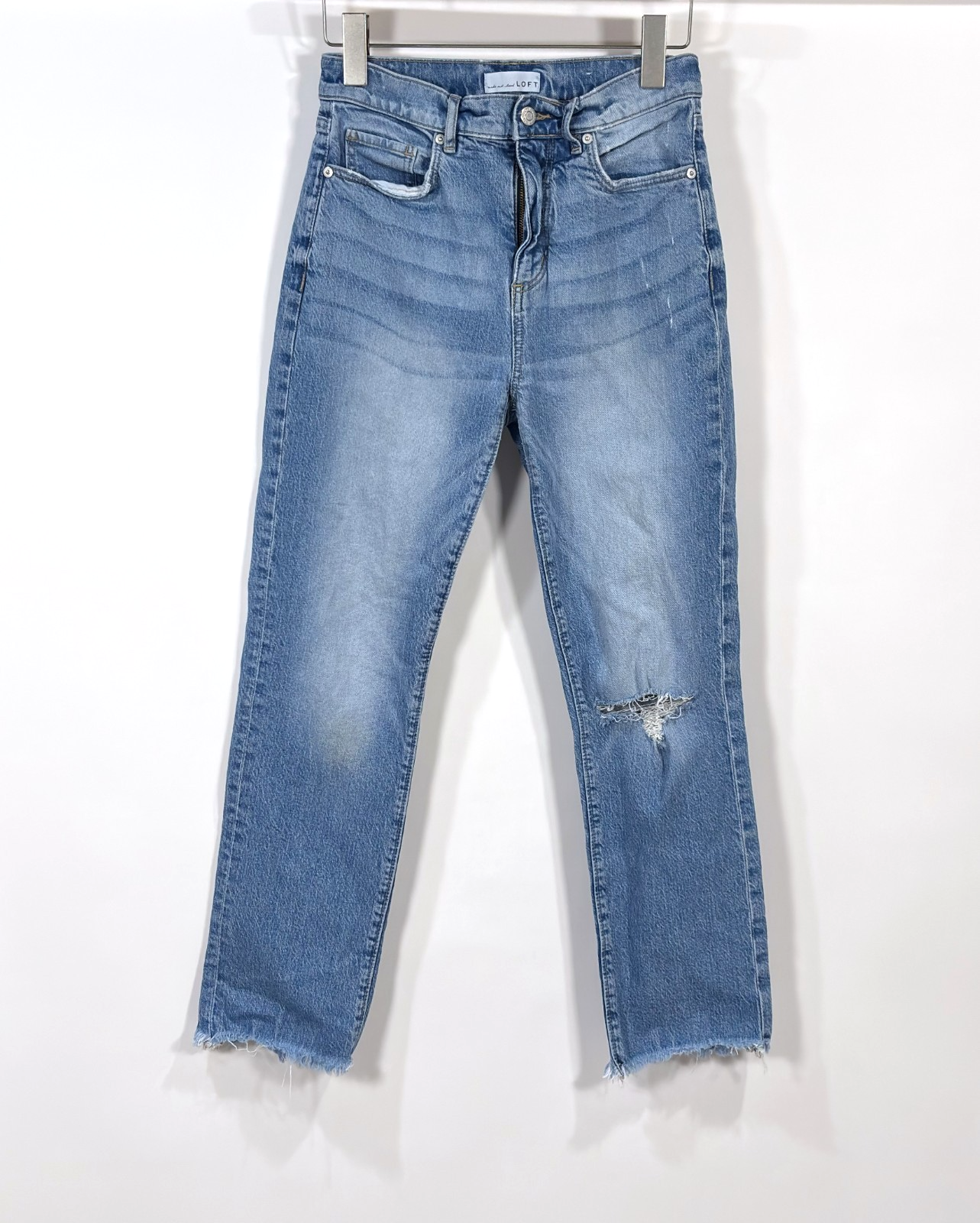 Loft The Straight Crop Jeans Medium Wash Raw Hem Distressed - 0/25