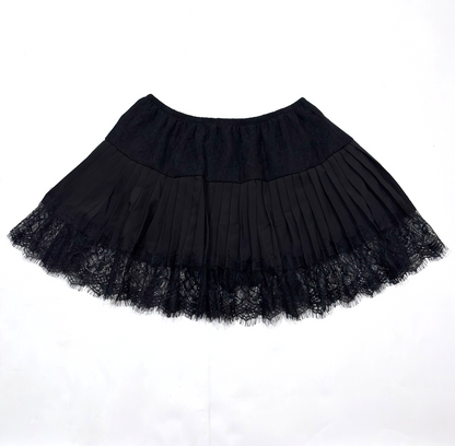 Black Lace Pleated Mini Skirt Elastic Waistband - M