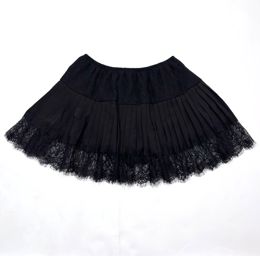 Black Lace Pleated Mini Skirt Elastic Waistband - M