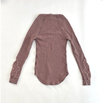 Free People Synergy Cuff Thermal Long Sleeve Henley Crochet Detail Rose  - S