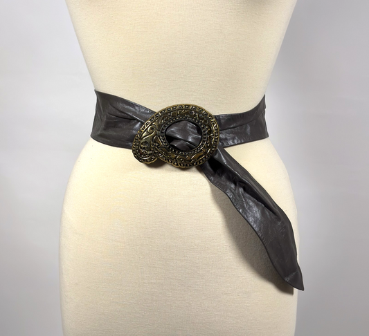 Vintage Paisley Gold Buckle Brown Leather Cinch Belt - M