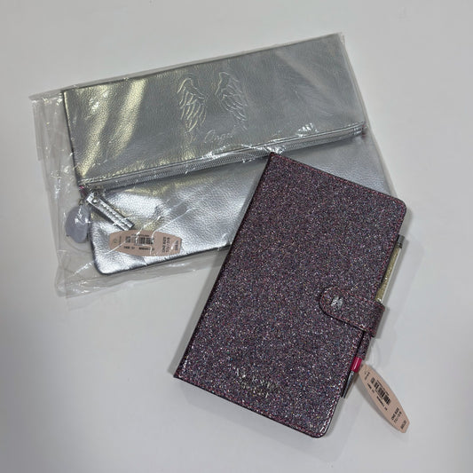 VS Sparkle Notebook, Pen & Silver Foldover Clutch