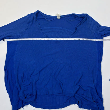 Free People Thermal Waffle Knit Scoop Neck Long Sleeve Shirt Top Tunic Blue - L