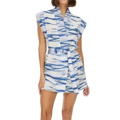 My Beachy Side Janis Belted Tunic Blue White Stripe Mini Kaftan Cover Up