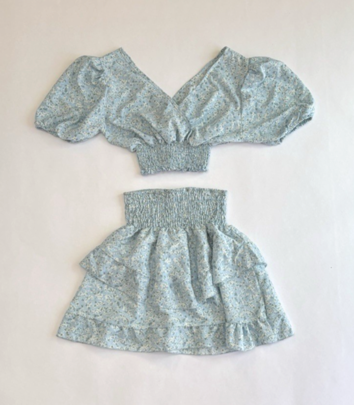 Defox Mini Skirt Crop Top Set Baby Blue Ditzy Floral Ruffle - S/M