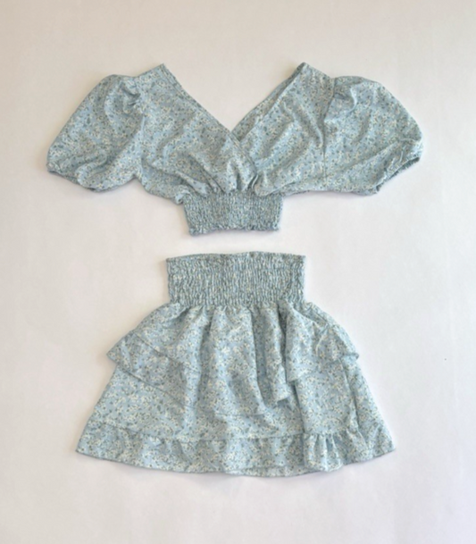 Defox Mini Skirt Crop Top Set Baby Blue Ditzy Floral Ruffle - S/M