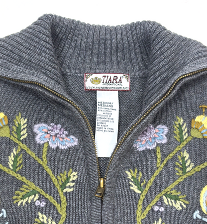 Tiara International Full Zip Knit Sweater Floral Embroidered Vintage - M