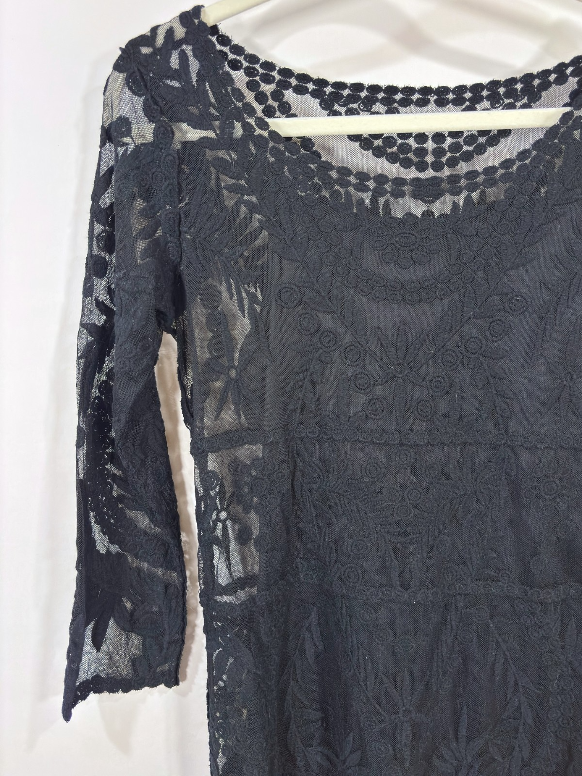Express Embroidered Lace Shift Dress 3/4 Sleeve With Slip Black - S