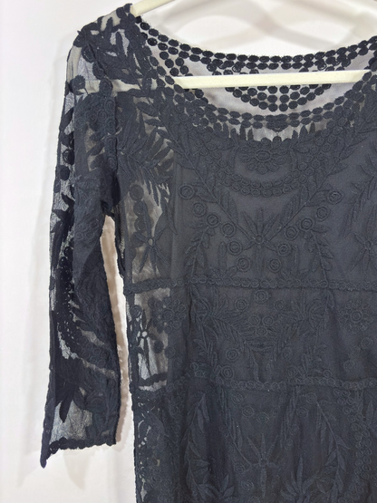 Express Embroidered Lace Shift Dress 3/4 Sleeve With Slip Black - S