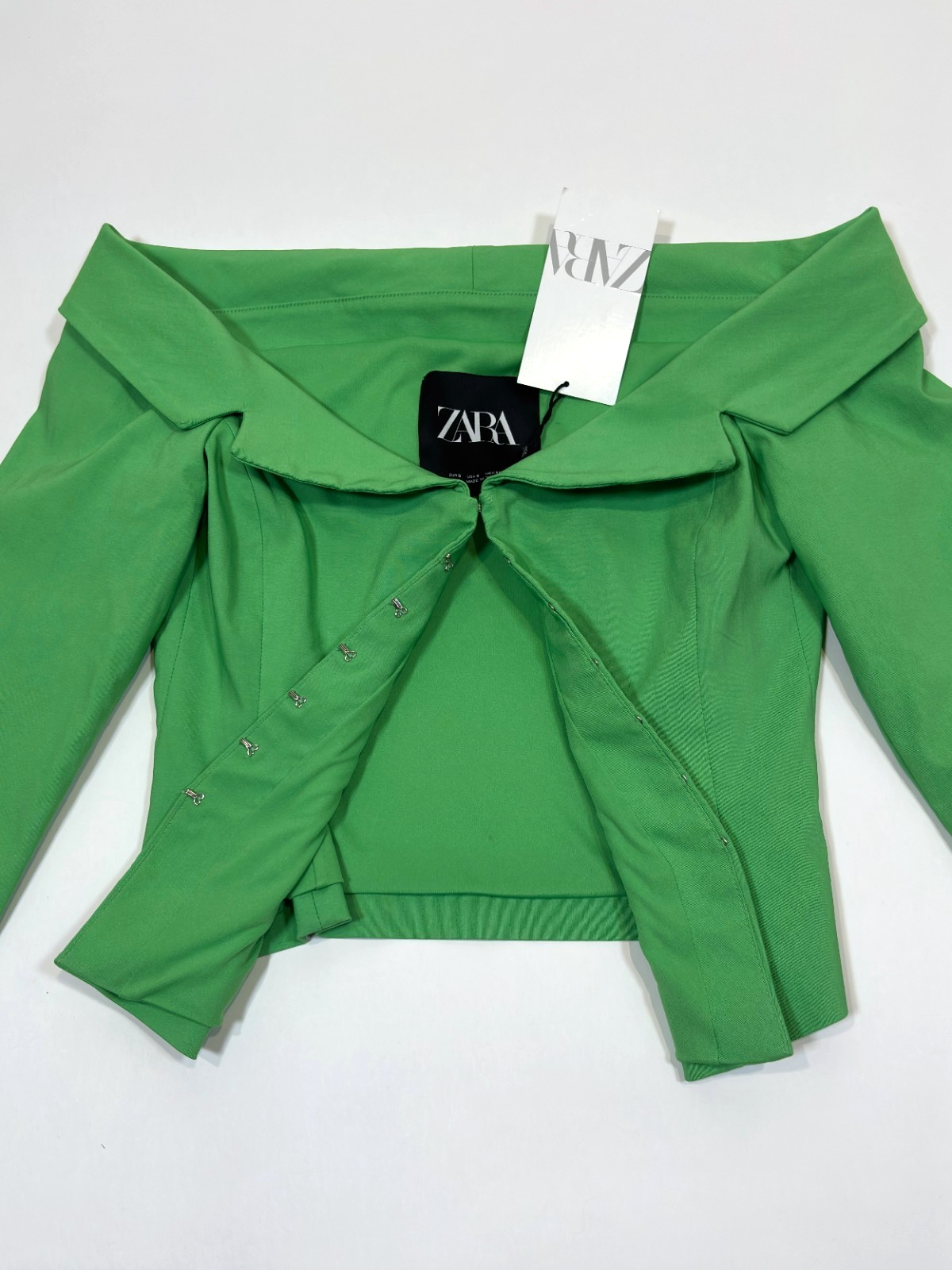 Zara Green Off Shoulder Blazer Blouse Top Hook Front Fitted Stretch - S