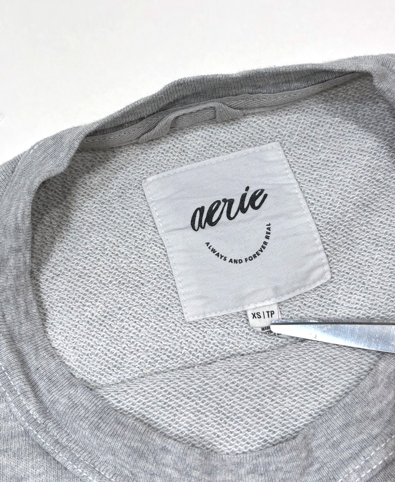 Aerie Real Crew Sweatshirt Alumni Heather Grey Blue Embroidered - XS