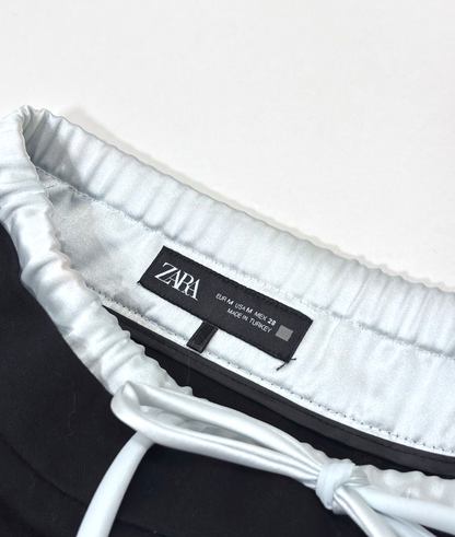 Zara Wide-Leg Double Waistband Trouser Pants Black White Drawstring - M