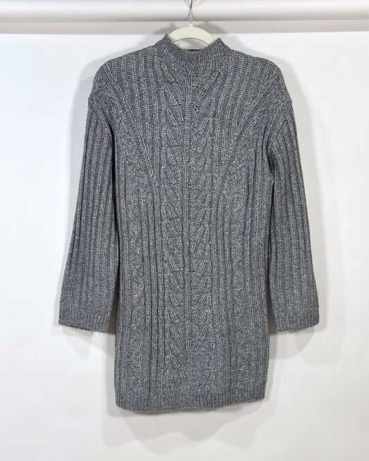 Express Gray Cable Knit Sweater Dress Tunic Mock Neck Ribbed - XS