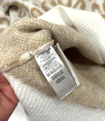 Loft Leopard Animal Print V Neck Sweater Cream Tan Oversized - XS
