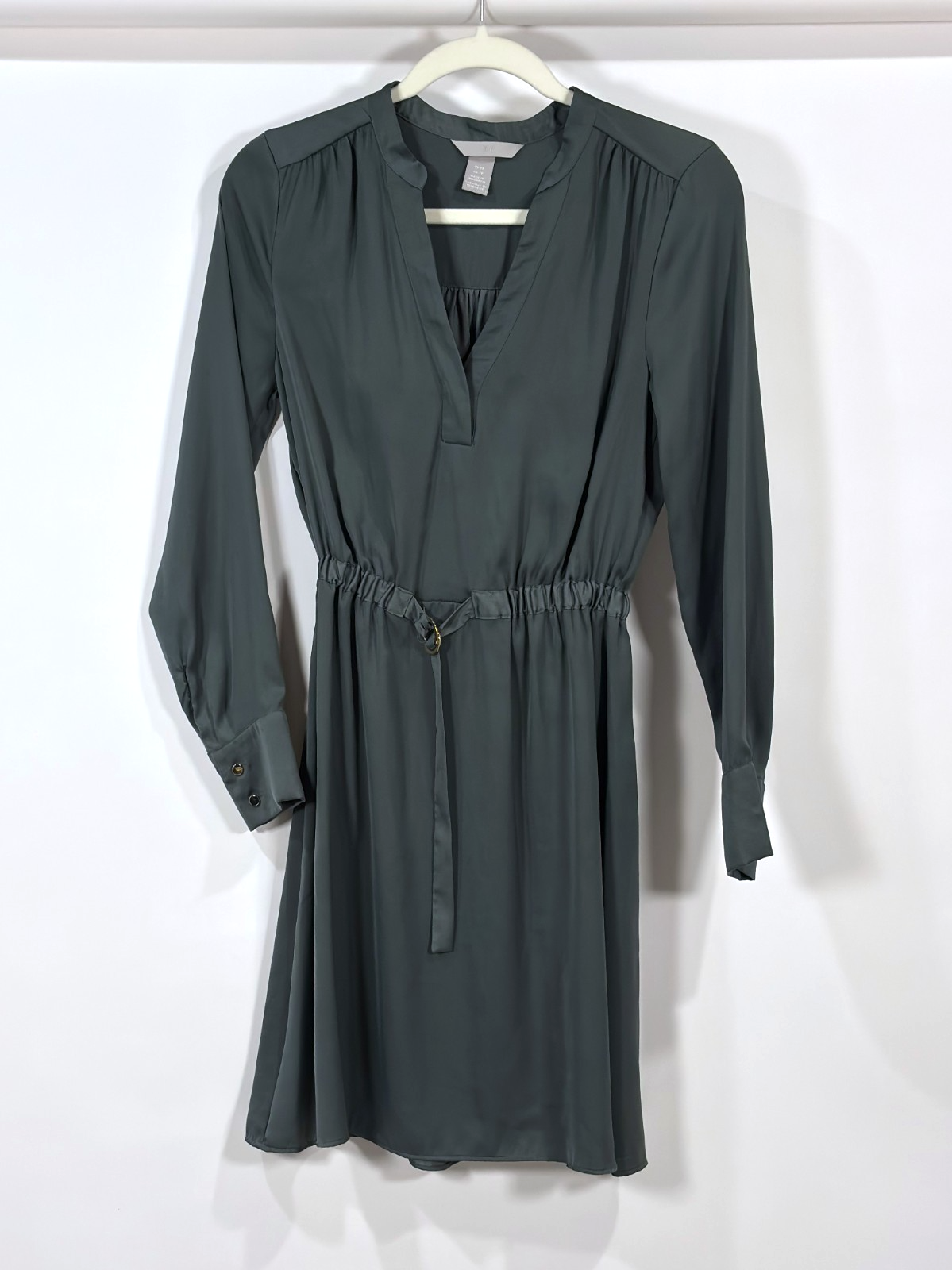 H&M Satin Shirt Dress Belted Green - XS