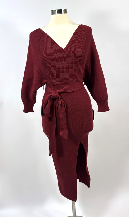 Lulu's Fall into Fashion Burgundy Dolman Sleeve Sweater Midi Dress - S