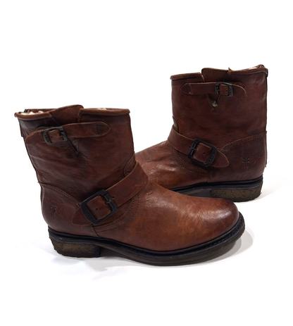 Frye Leather Brown Ankle Boots Shearling Lined Double Strap Zipper Moto - 7