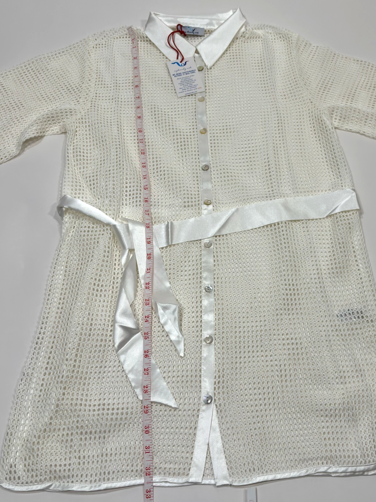 My Beachy Side Crochet Lace Belted Button Up Mini Shirt Dress - S