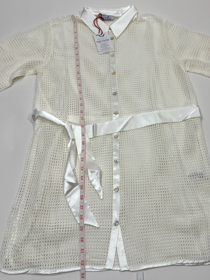 My Beachy Side Crochet Lace Belted Button Up Mini Shirt Dress - S