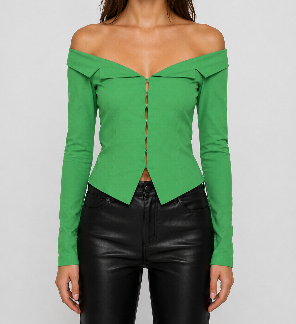 Zara Green Off Shoulder Blazer Blouse Top Hook Front Fitted Stretch - S