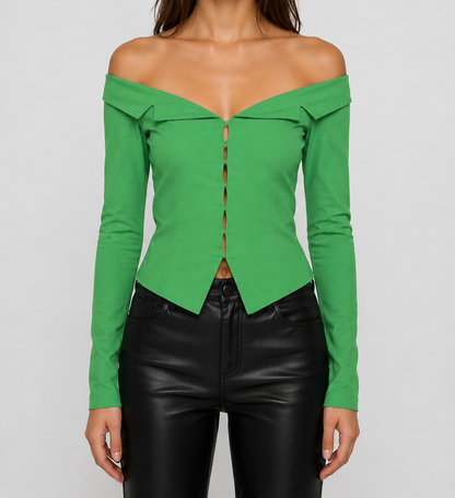 Zara Green Off Shoulder Blazer Blouse Top Hook Front Fitted Stretch - S