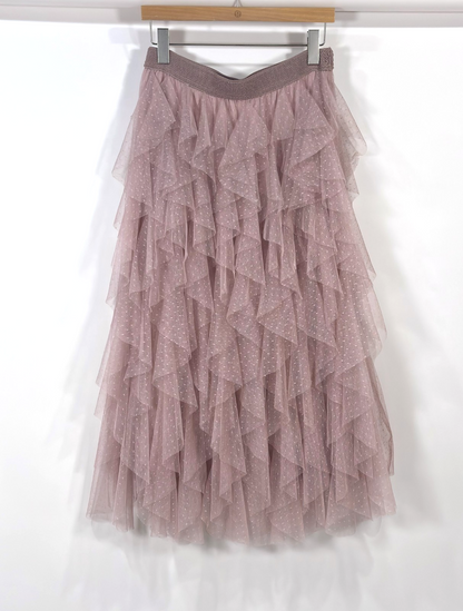 Anthropologie Evelyn Chéri Ruffled Tulle Midi Skirt Swiss Dot Rose Pink - S