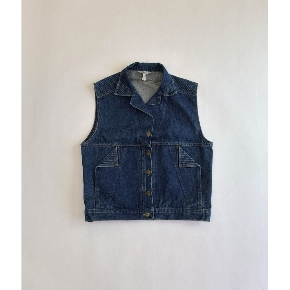 Vintage Sunset Blues Chic Denim Button Up Vest Dark Wash - L