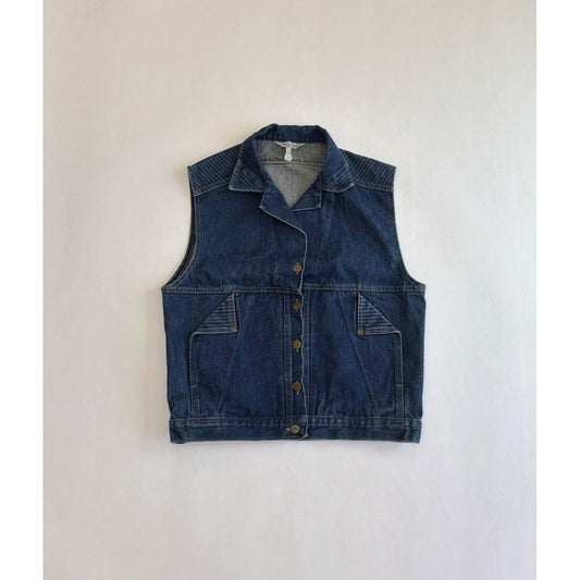 Vintage Sunset Blues Chic Denim Button Up Vest Dark Wash - L