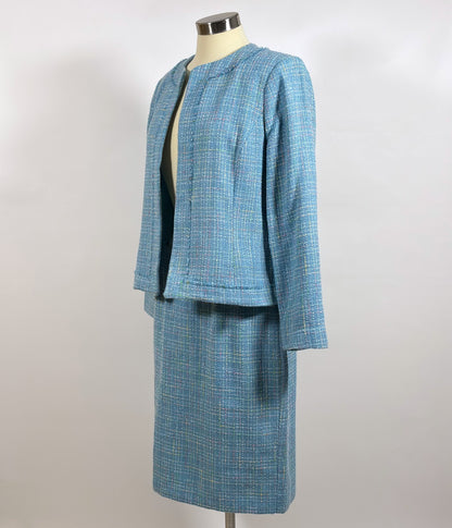 Requirements Blazer Skirt Suit Set Blue Pastel Tweed Knit - 12