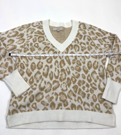 Loft Leopard Animal Print V Neck Sweater Cream Tan Oversized - XS