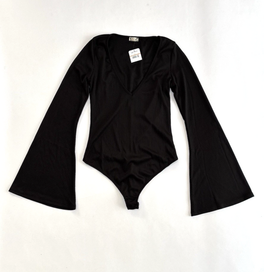 Free People Charli Bodysuit Bell Sleeve V Neck Ribbed Black - S