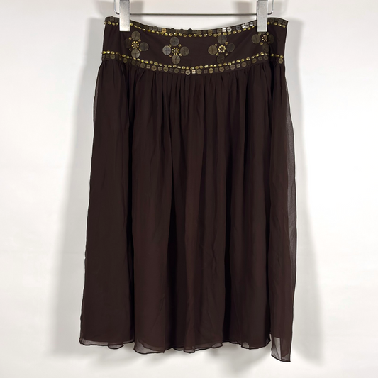 Willi Smith Brown Silk Midi Skirt Gold Sequins - Size 10