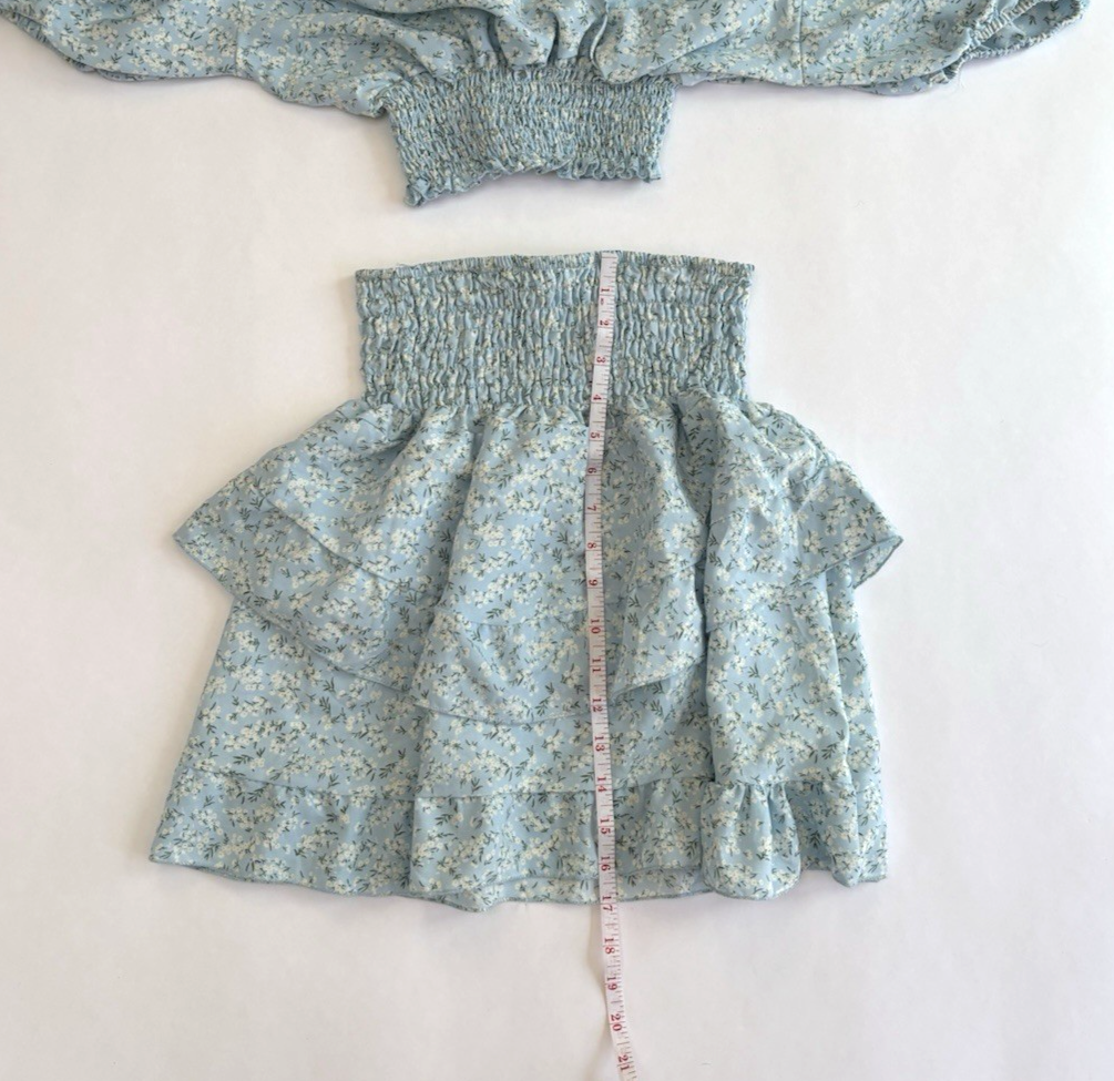 Defox Mini Skirt Crop Top Set Baby Blue Ditzy Floral Ruffle - S/M