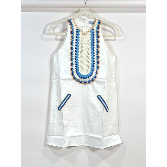 My Beachy Side Arya Mini Cotton Shift Dress Crochet White Blue - S