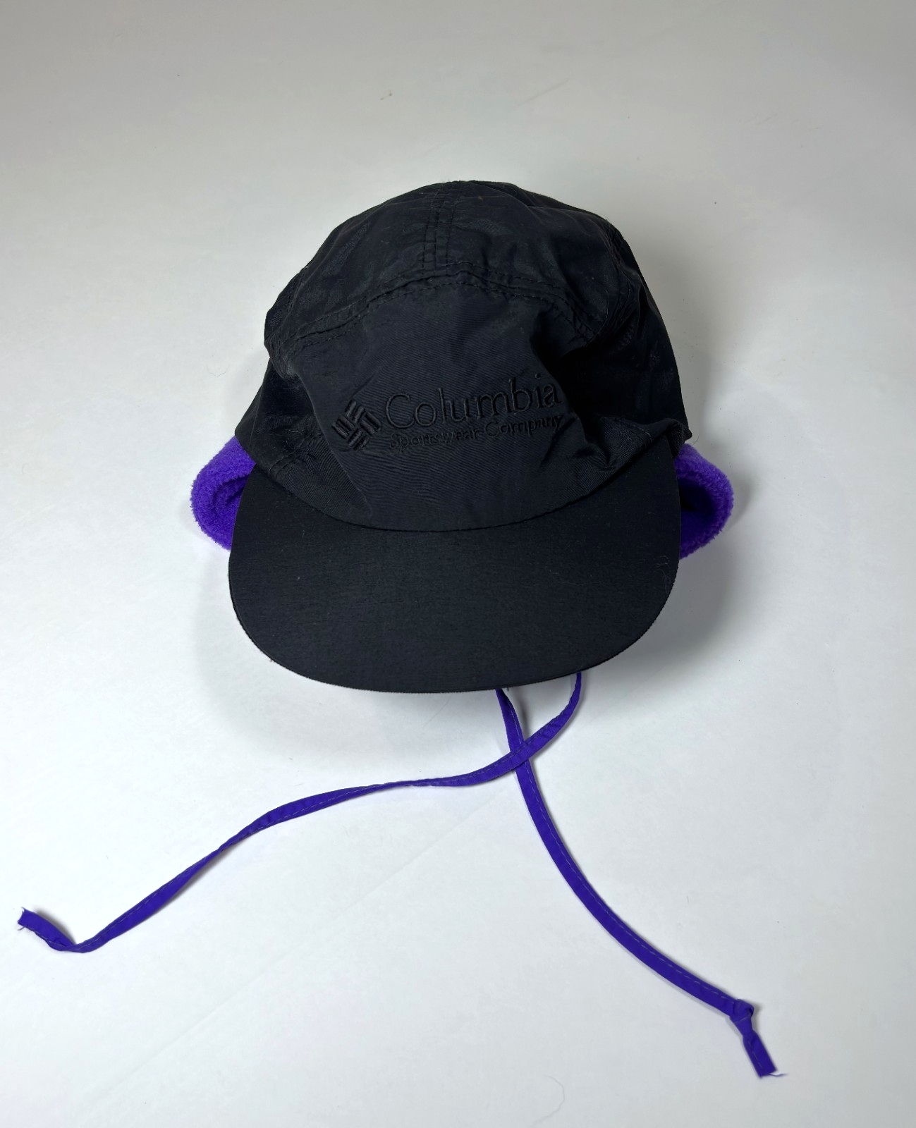 Vintage Columbia 5 Panel Removable Fleece 3-in-1 Trapper Hat Black Purple