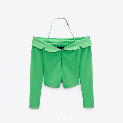 Zara Green Off Shoulder Blazer Blouse Top Hook Front Fitted Stretch - S