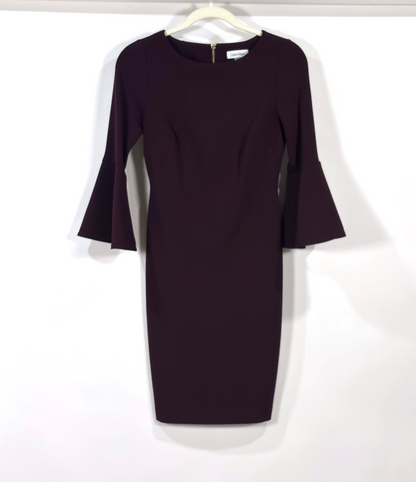 Calvin Klein Bell Sleeve Sheath Pencil Dress 3/4 Sleeve Plum Purple - 2P